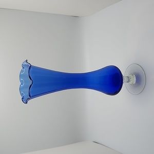 Hand blown Cobalt Blue Glass Clear Footed Bud Vase